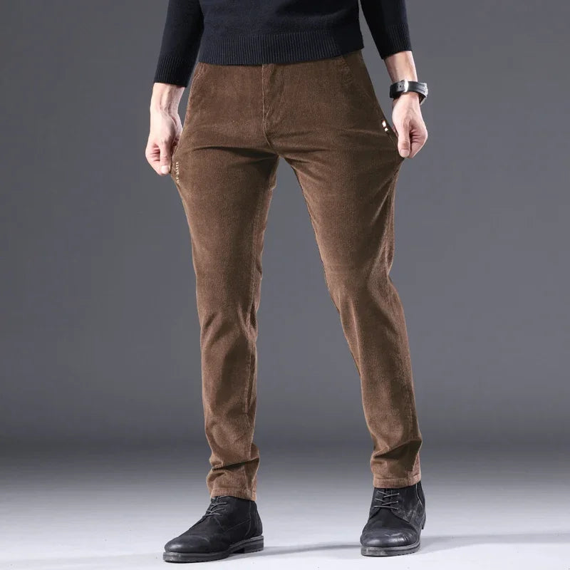 Men's Solid Straight Leg Corduroy Fabric Casual Pants Male Army-green Coffee Office Pants Stylish Youth Autumn Winter Trousers