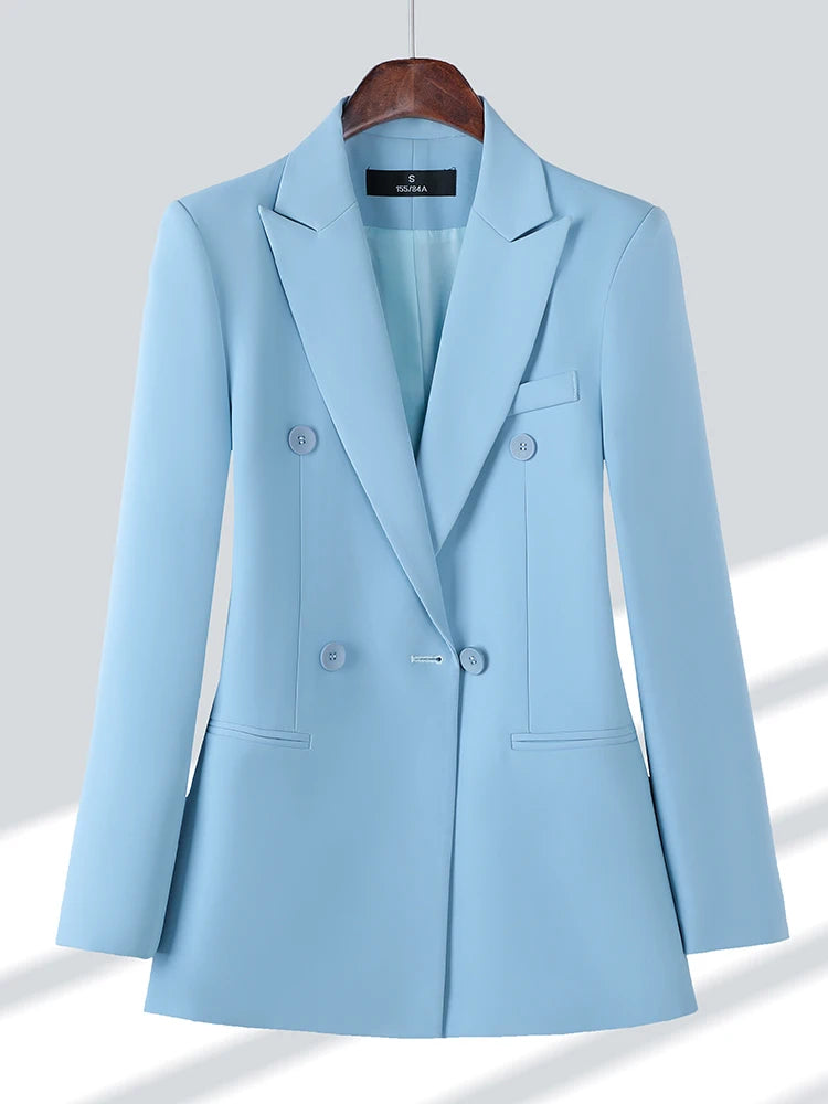 Blue Apricot Coffee Black Women Formal Blazer Ladies Female Long Sleeve Double Breasted Straight Jacket Coat