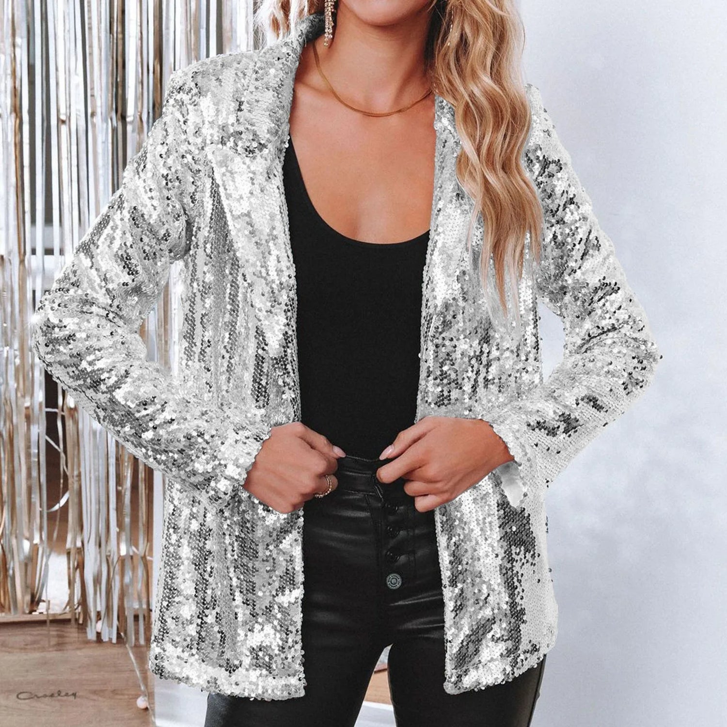 New Fashion Sequins Blazers Women's Suit Jacket Casual Long Sleeve Glitter Suits Party Wear Shiny Lapel Coat Rave Outerwear