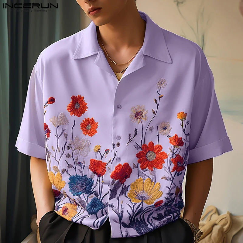 2024 Men Shirt Flower Printing Lapel Short Sleeve Streetwear Casual Men Clothing Vacation Summer Fashion Hawaiian Shirts INCERUN