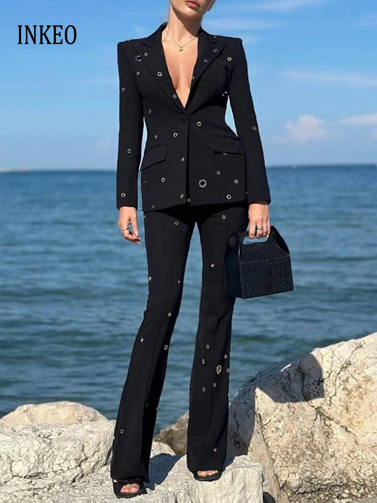 Women's metal buckle blazer 2 Piece set 2024 Autumn winter Single breasted jacket And High waist flare pants slim  INKEO 4O084