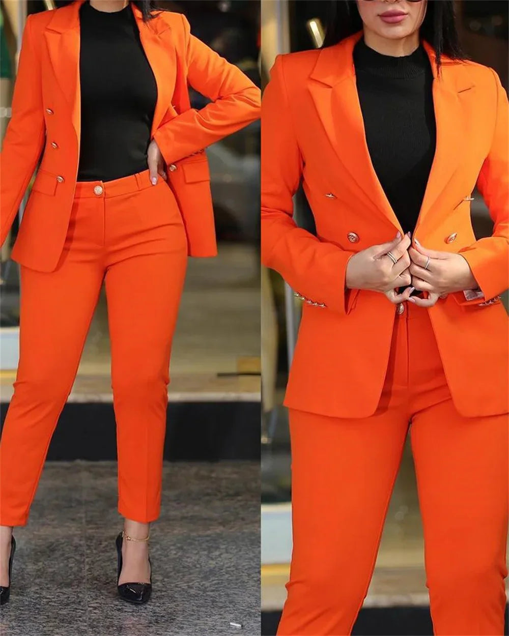 Orange Woman's  2 Piece Set 2023 New in Casual Business Double Breasted Blazers Jacket Pants Elegant Ladies Formal Pant Sets