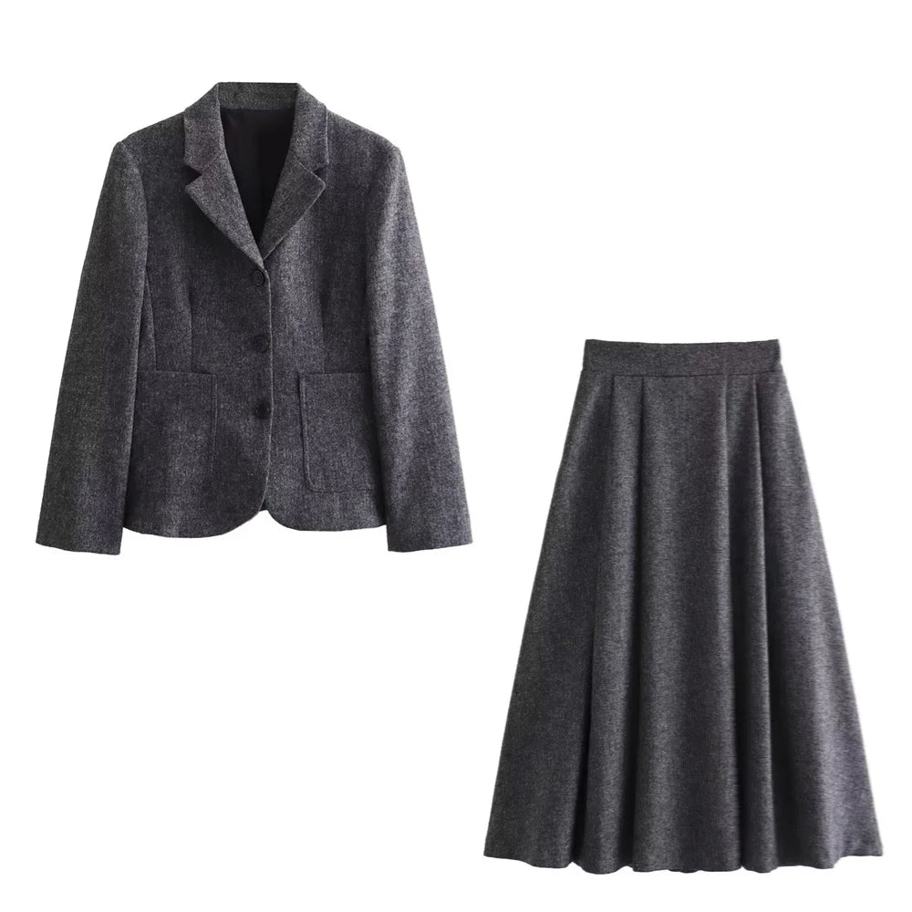 UNIZERA 2023 Winter New Product Women's Fashion Casual Commuter Flip Collar Single breasted Suit Coat High Waist Skirt Set