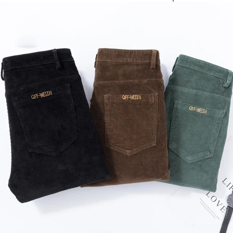 Men's Solid Straight Leg Corduroy Fabric Casual Pants Male Army-green Coffee Office Pants Stylish Youth Autumn Winter Trousers