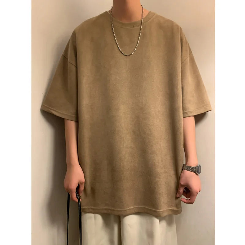 Suede T-shirt Men Oversized Fashion Solid Color Retro T Shirt Men Streetwear Summer Loose Short Sleeved T-shirt Mens Top M-3XL