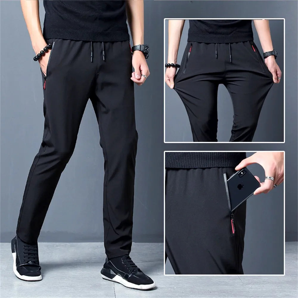 Men'S Casual Long Pants Plus Size Sweatpants Summer Cool Stretch Pants Male Black Grey Thin Loose Quick-Dry Long Sport Joggers